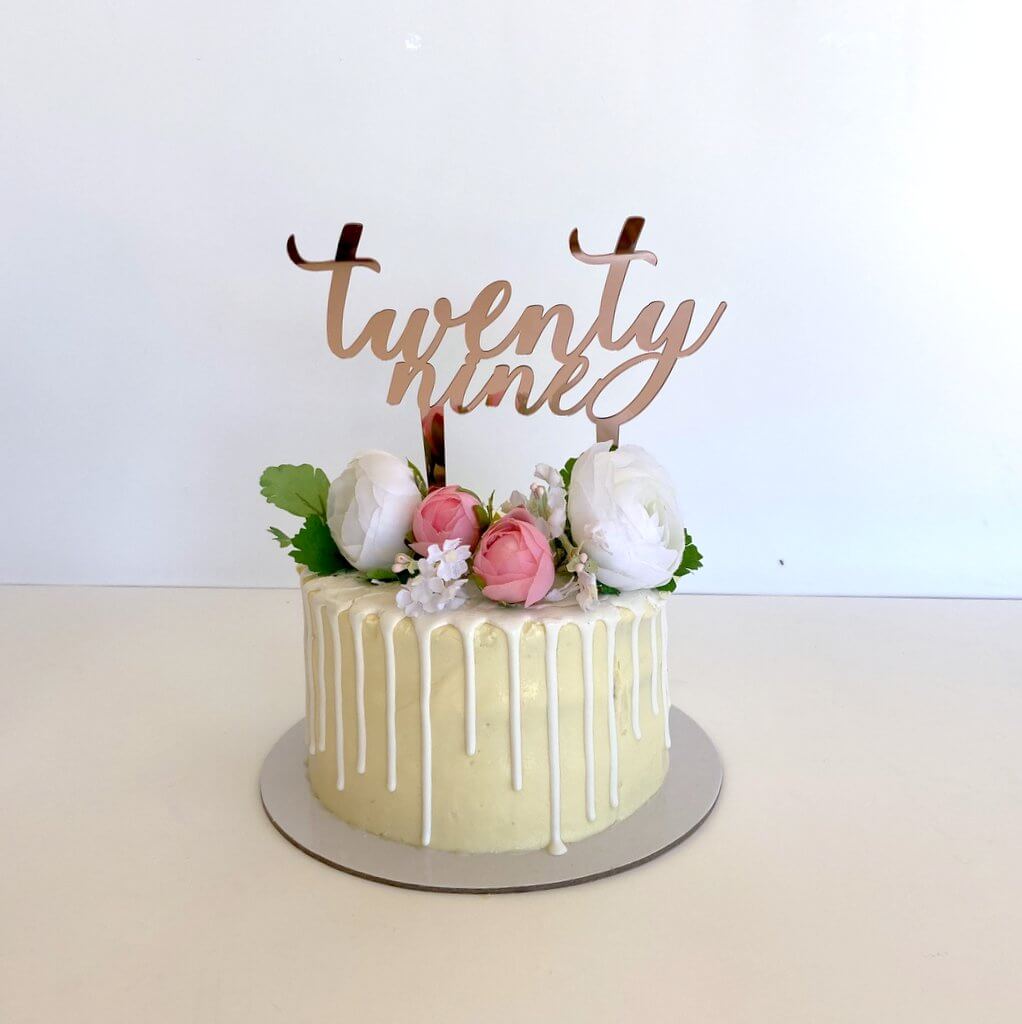 Acrylic Rose Gold Mirror 'twenty nine' Script Birthday Cake Topper - Online Party Supplies